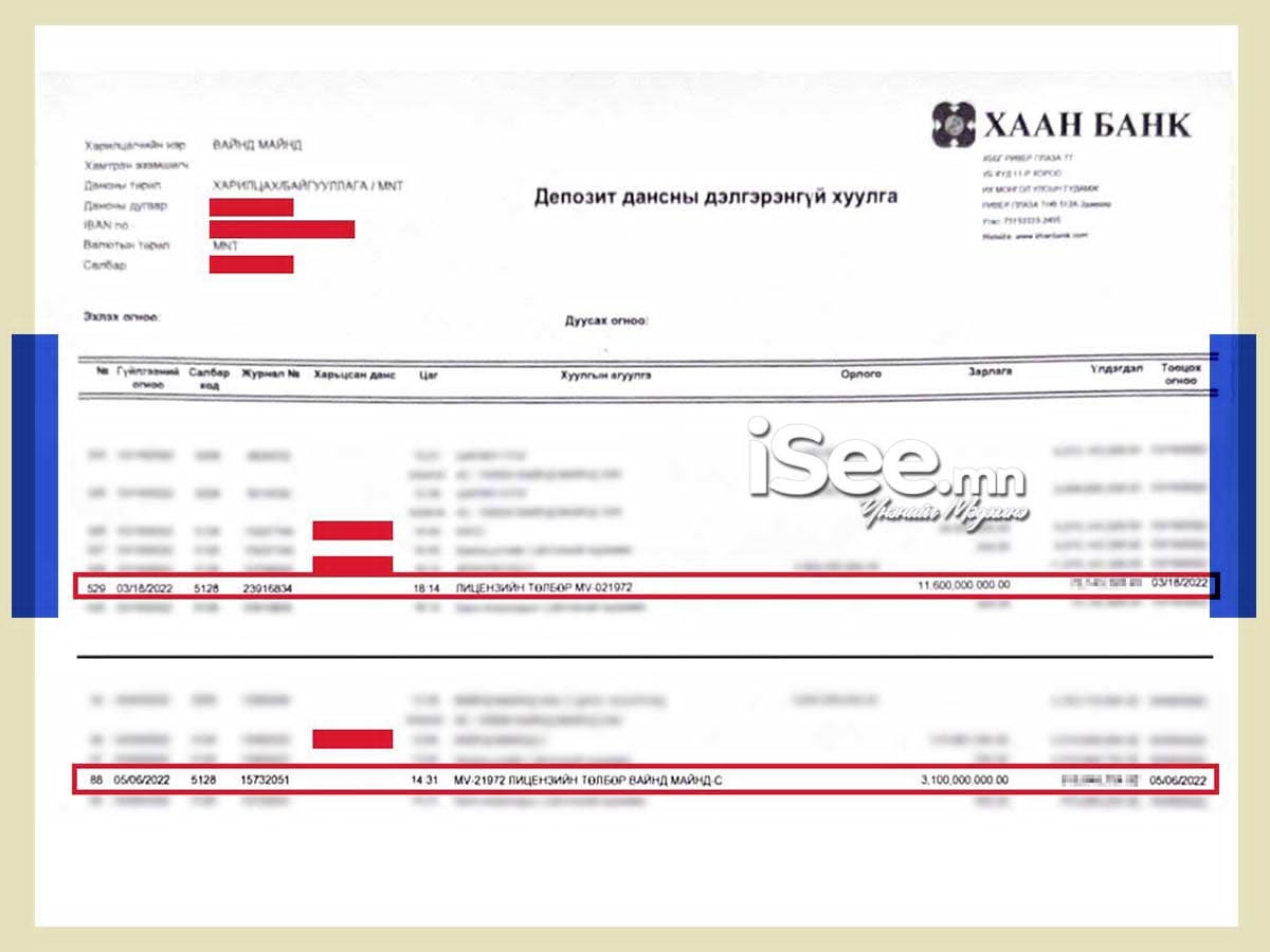 Г.Ариунболд В.Ганзоригт гэрээний төлбөр болох 14.7 тэрбум төгрөг шилжүүлсэн банкны гүйлгээний хуулга