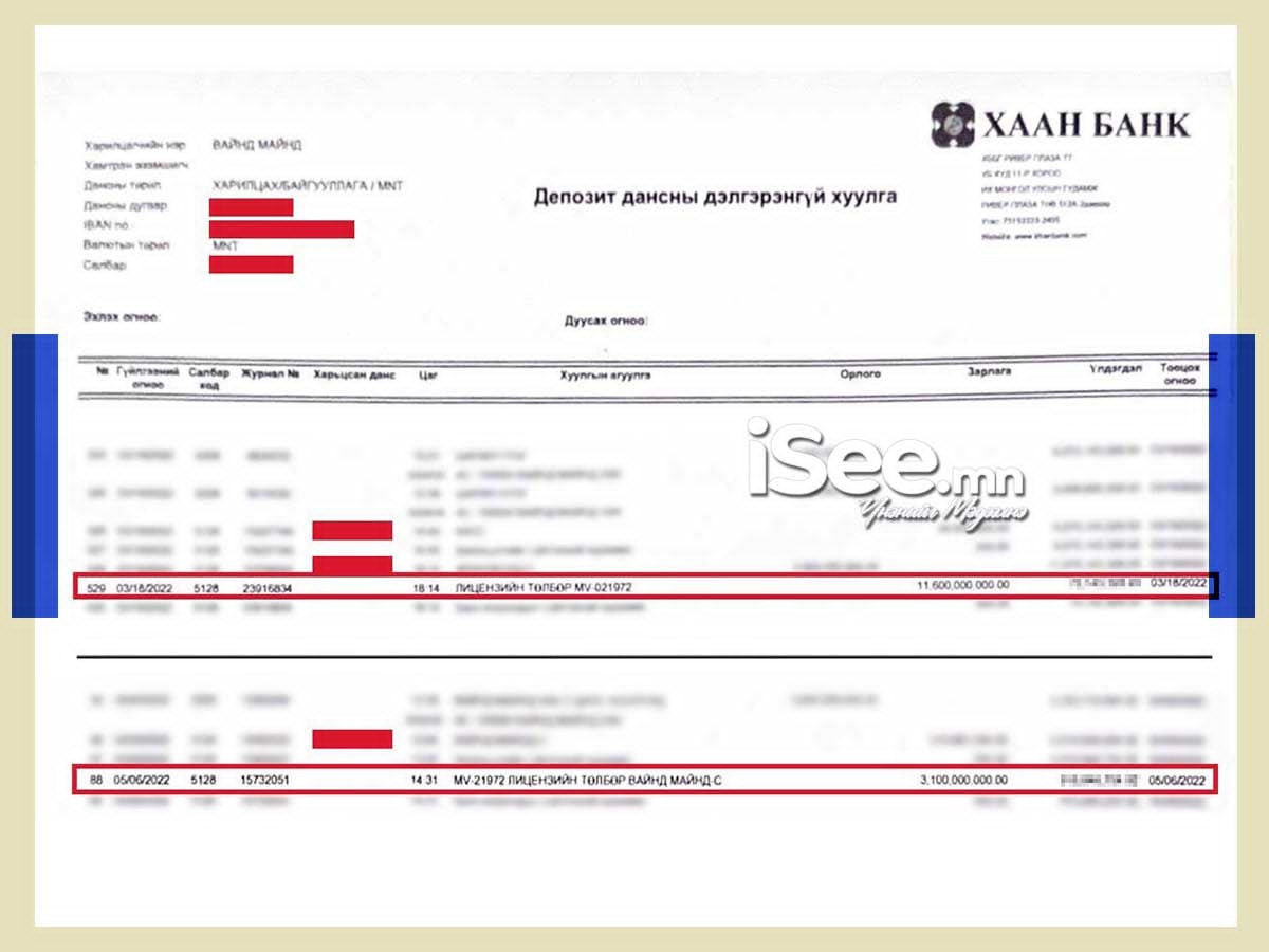 Г.Ариунболдоос В.Ганзоригт гэрээний төлбөр болох 14.7 тэрбум төгрөг шилжүүлсэн Хаан банкны гүйлгээний хуулга
