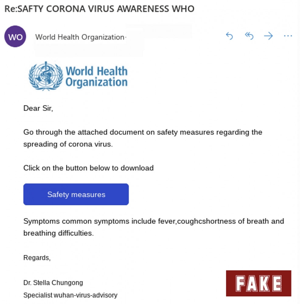 Дэлхийн эрүүл мэндийн байгууллагын нэрийн өмнөөс илгээж буй хуурамч и-мэйл