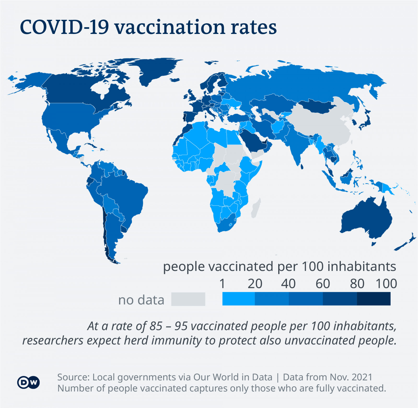 Улс орнуудын 100 хүн тутмаа вакцинжуулсан байдал