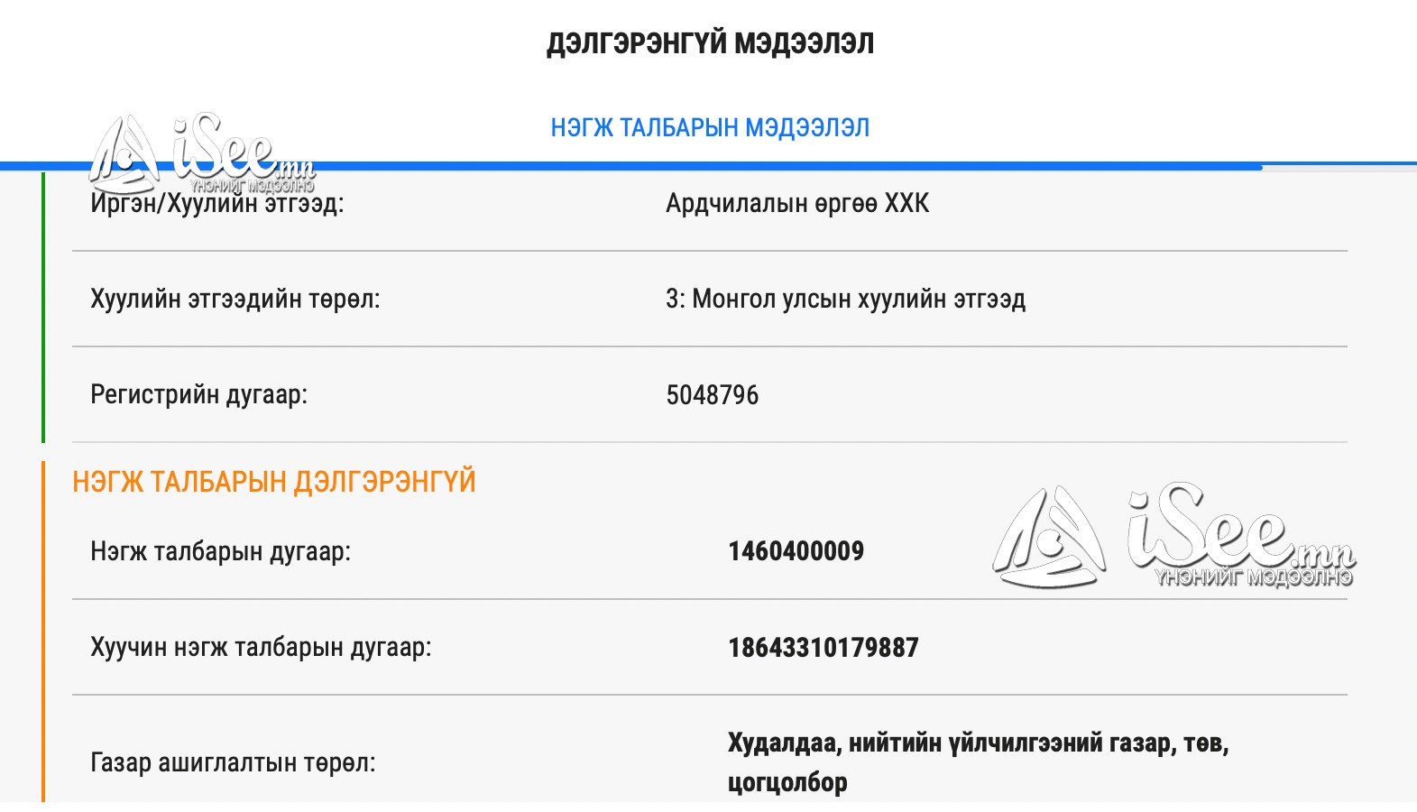 “Ардчилалын өргөө” ХХК-н эзэмшиж буй газрын мэдээлэл