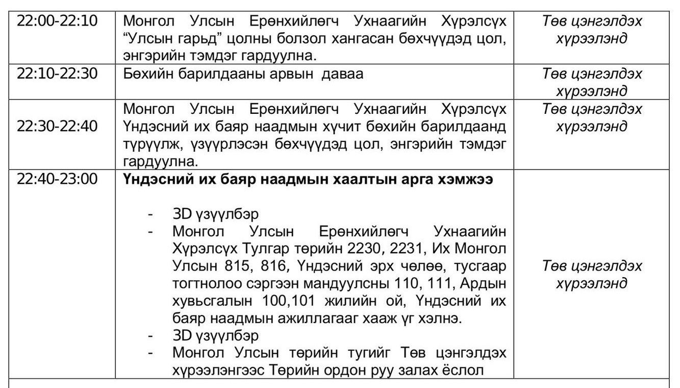Улсын баяр наадмын 7 дугаар сарын 12-ны өдрийн хөтөлбөр
