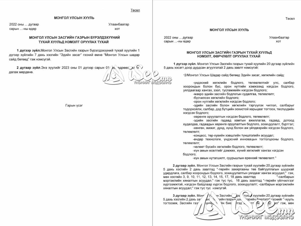 Засгийн газрын бүрэлдэхүүнд өөрчлөлт оруулах хуулийн төсөл. 2022 он