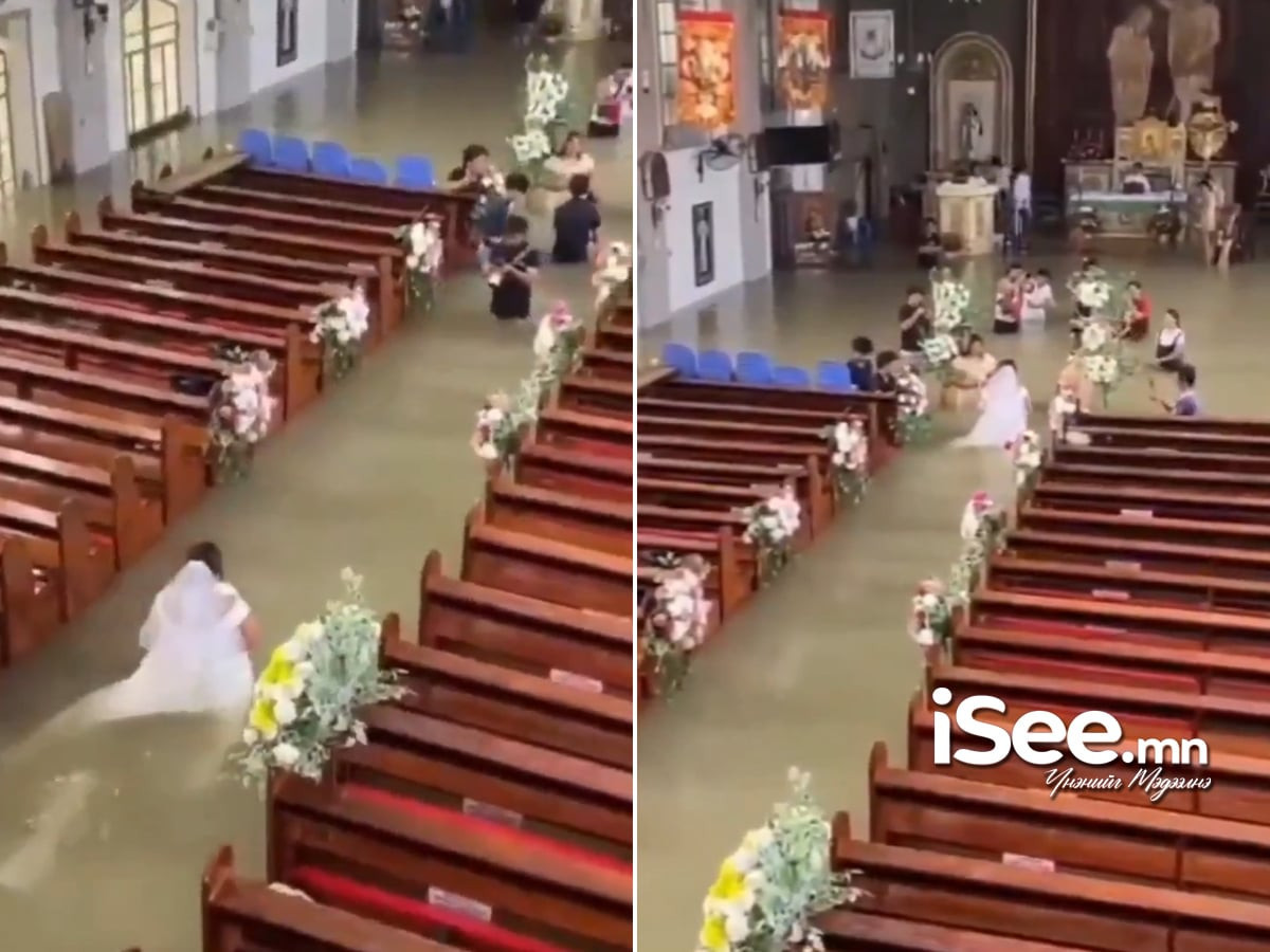 ВИДЕО: Филиппинд хүчтэй аадар бороо, хар салхины улмаас үерт автсан сүмд нэгэн хос хуримаа хийжээ